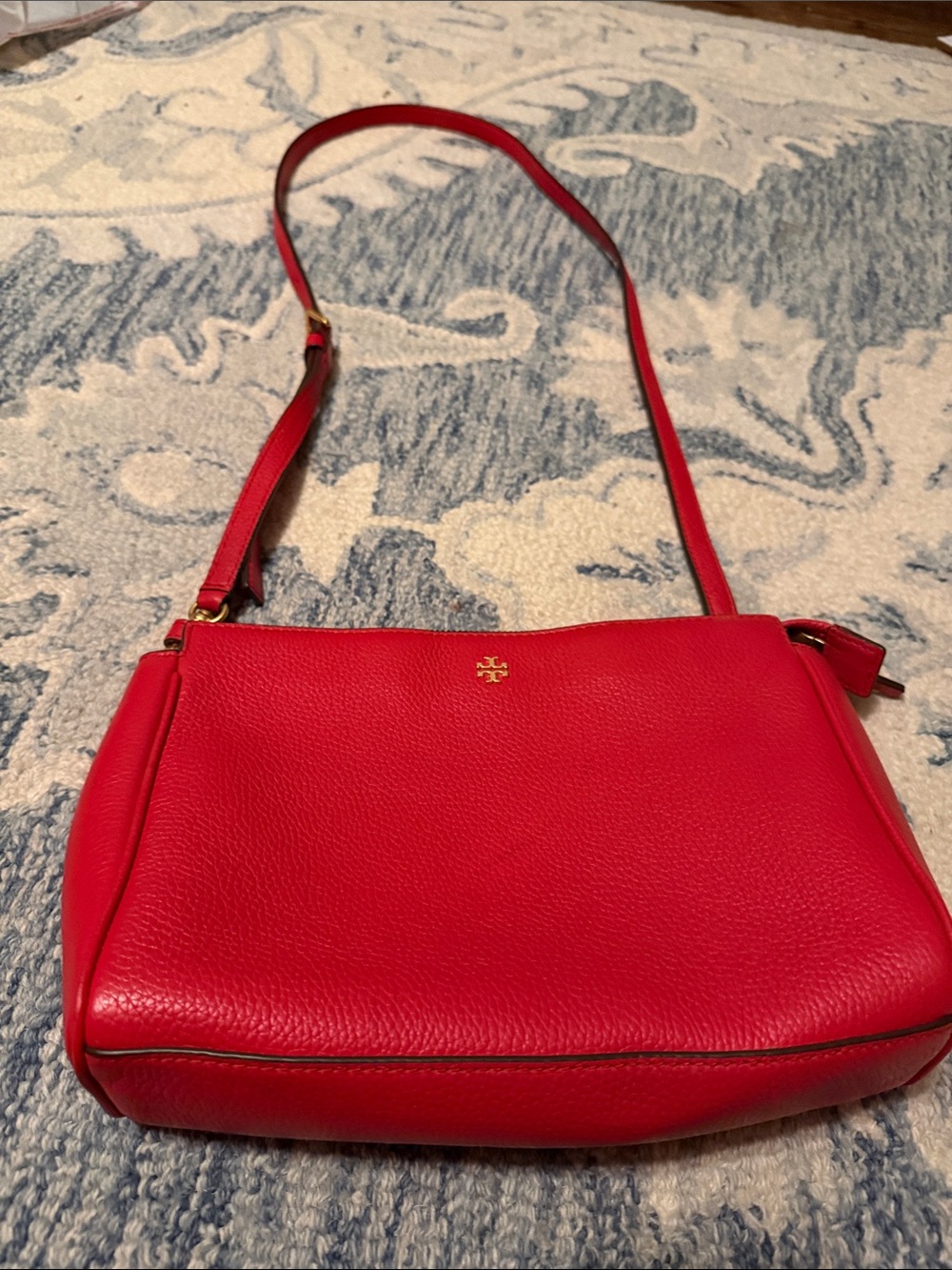 Tory Burch Bright Red Pebbled Leather Crossbody with Gold Logo